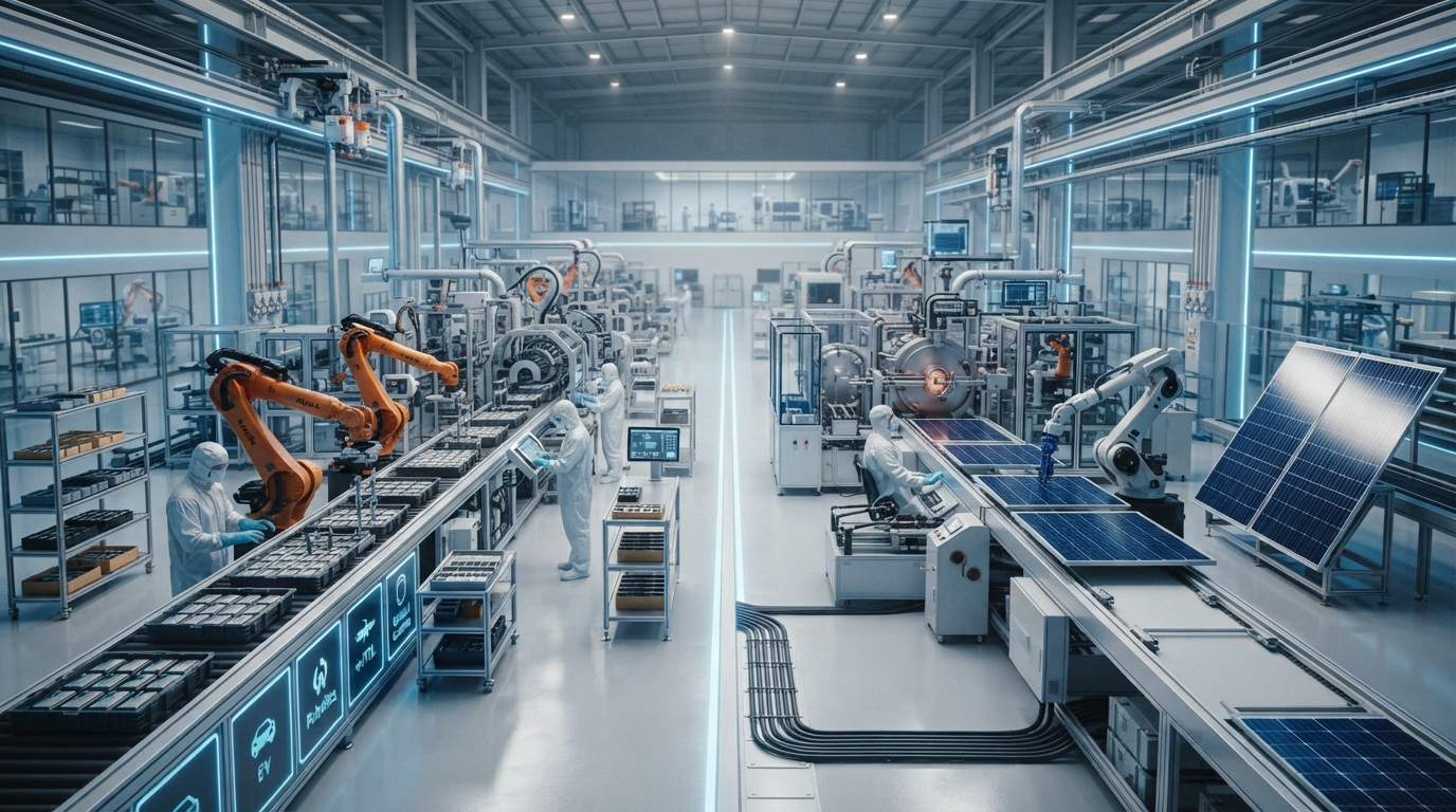 Bras robotisés dans une installation industrielle de batteries et de panneaux solaires — visualisation conceptuelle